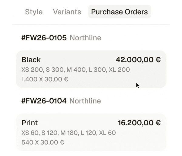 Purchase Orders tab in a product's side panel