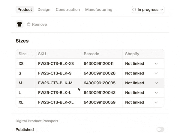 Sizes, SKUs and barcodes inside a variant
